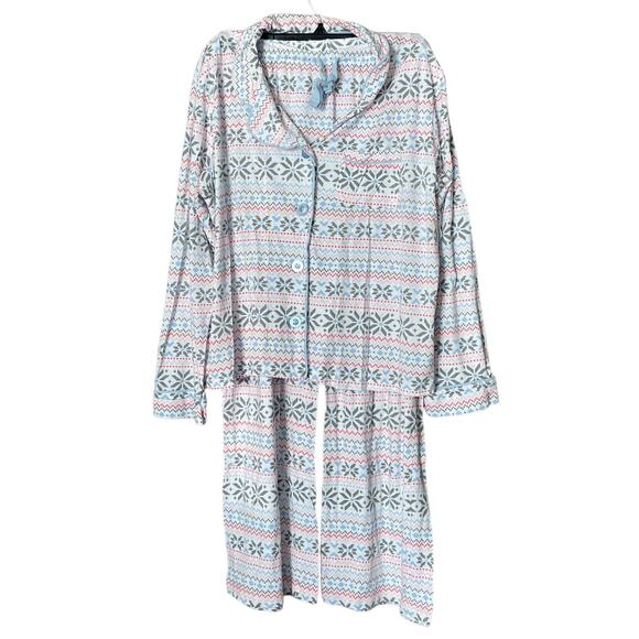 PJ Salvage Natural Fair Isle Snowflake Pajama Set Button Up Top Pants Size XL - Picture 1 of 14